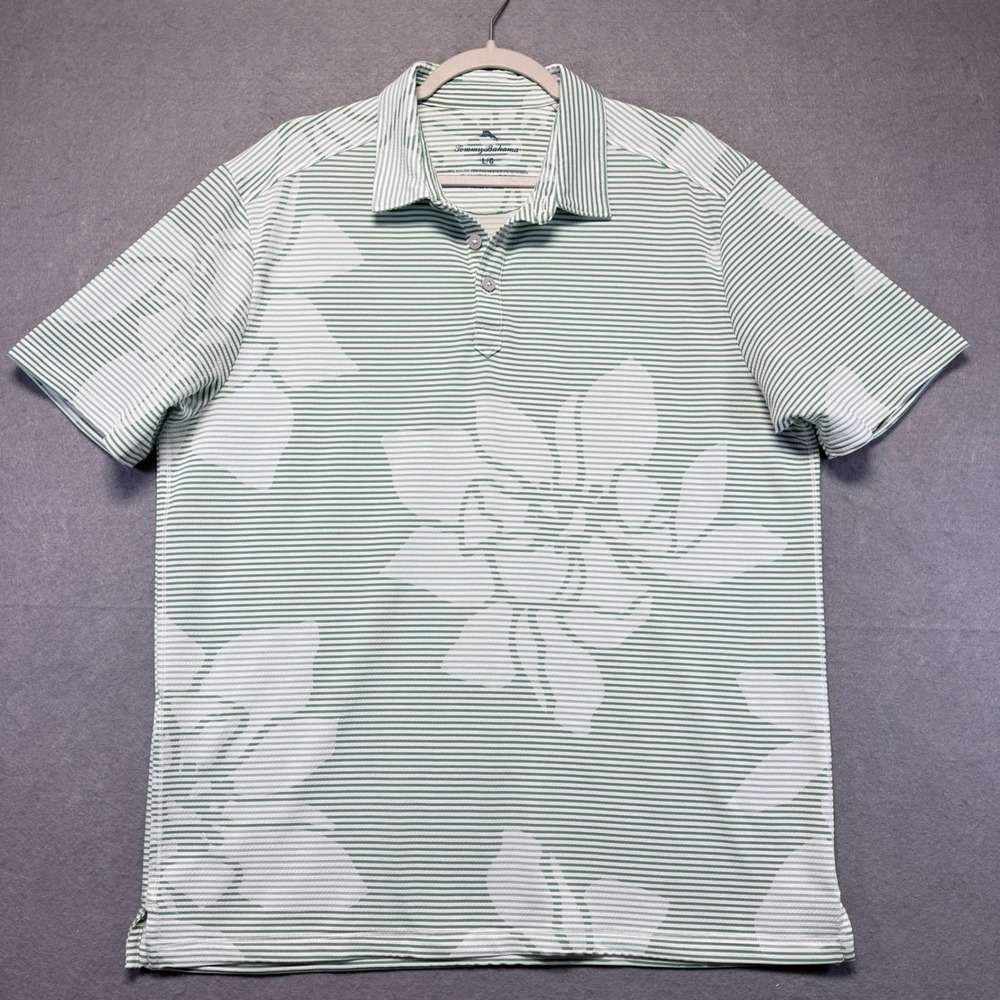 Tommy Bahama Mens Green White Striped Floral Polo Shirt L 251-ST227385